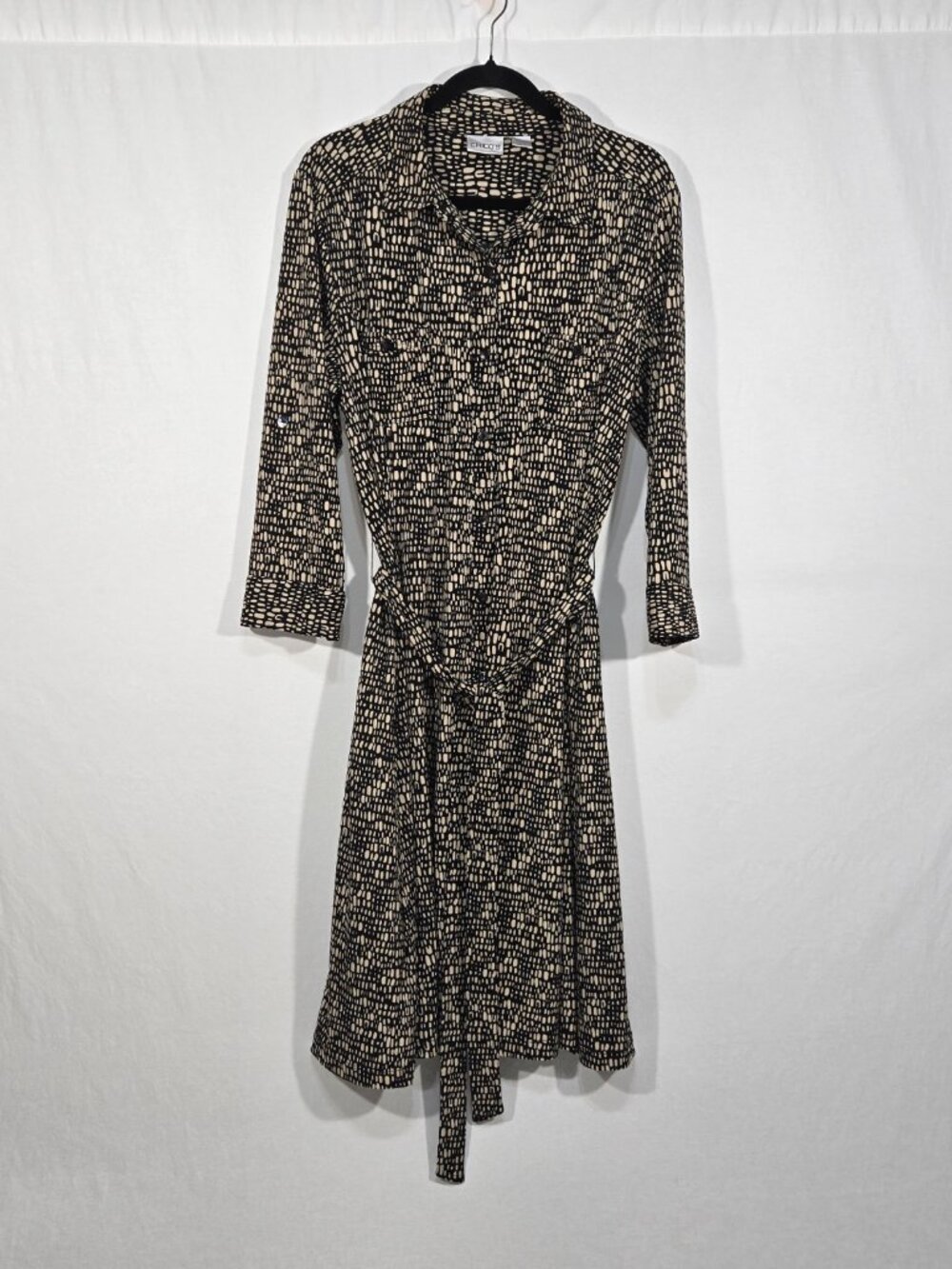 CHICO'S Abstract-Geometric BLACK & TAN Belted Classic Midi Shirt DRESS 3/XL/16.